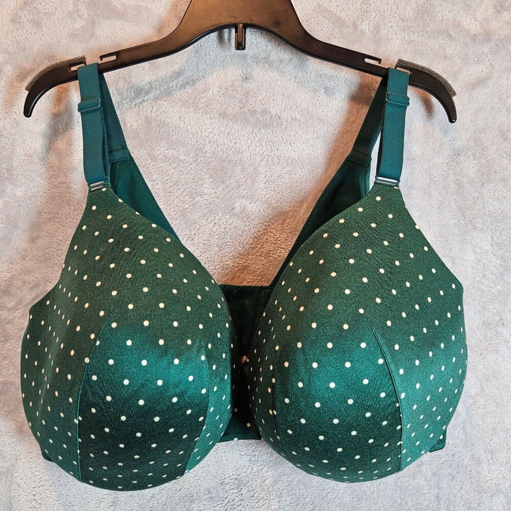 Cacique Polka Dot Full Coverage Lightly Lined Bra 40F Green Adjustable Straps